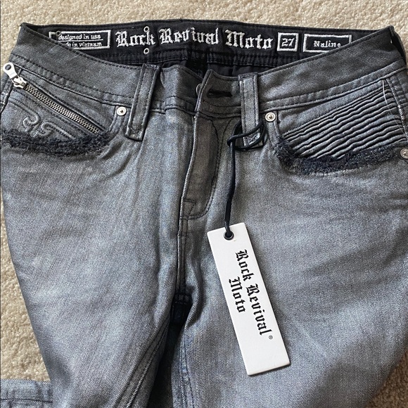 Rock revival NWT silver moto zippered skinny leg jeans - Picture 4 of 12